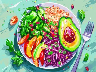 Poster - A vibrant depiction of a vegan lunch. featuring quinoa salad, vegetables, and avocado. emphasizing plant-based nutrition and variety. Ideal for vegan guides