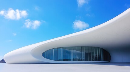 Poster - Modern architectural design with curved lines against a bright blue sky showcasing innovative structure and minimalistic style