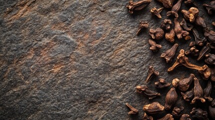 Poster - Dried brown cloves arranged on a textured stone surface showcasing their rich color and unique shapes for culinary and decorative use