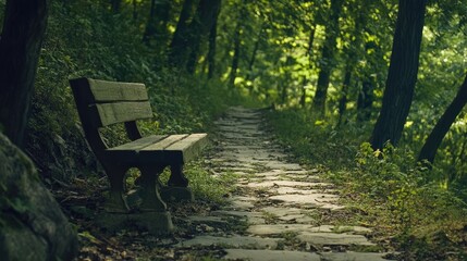 Aufkleber - Serene forest path with a wooden bench surrounded by lush greenery inviting peaceful rest in the summer shade of nature's beauty