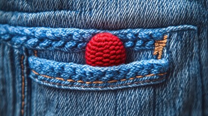 Poster - Close-up of blue jeans pocket featuring a decorative red crochet button with contrasting stitching details