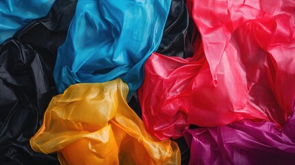 Poster - Colorful translucent plastic fabrics arranged on a dark background showcasing vibrant textures and hues for creative design concepts