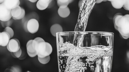 Poster - Cascading water pouring into a glass with bubbles set against a blurred backdrop in striking black and white contrast