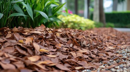 Poster - Piled brown leaves on garden ground creating a natural landscape aesthetic in an outdoor setting during autumn season.