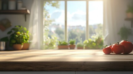 Poster - Bleached wooden tabletop with fresh tomatoes and a sunny blurred kitchen window view in summer setting