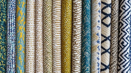 Poster - Colorful upholstery fabric samples arranged in a close-up display showcasing diverse textures and patterns for interior design inspiration