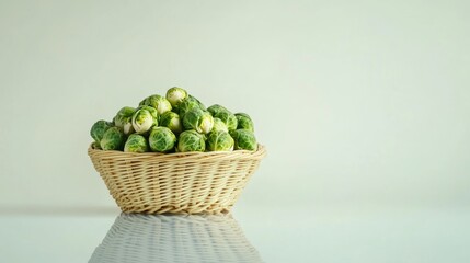 Aufkleber - Brussels sprouts arranged in a woven basket with a reflective surface and minimalist background for fresh produce presentation design