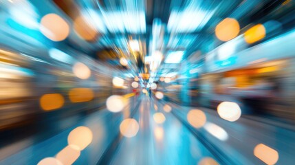 Poster - Vibrant abstract blur of a busy supermarket interior showcasing lights and movement for dynamic background design use.