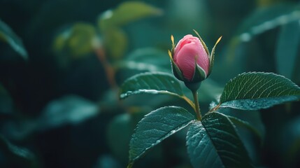 Poster - Delicate pink rosebud emerging amidst lush green foliage in a serene garden setting showcasing nature's beauty and tranquility.