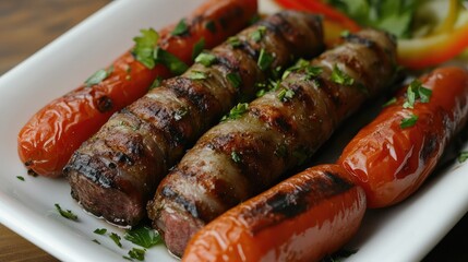 Poster - Grilled Beef Tongue and Sausages Served with Fresh Vegetables and Herbs on a White Plate