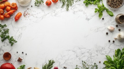 Aufkleber - Fresh organic herbs and spices arranged on white marble background for cookbook cover mockup with ample copy space for your design