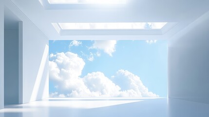 Poster - abstract business interior with large windows showcasing a bright sky and clouds creating a serene and spacious atmosphere