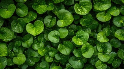 Aufkleber - Vibrant lush green leaves pattern with water droplets showcasing nature's beauty and serenity in a close-up perspective.