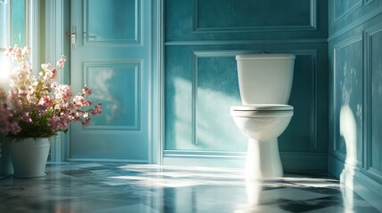 Poster - Elegant renovated bathroom showcasing a white toilet with fresh decor and natural light enhancing the serene atmosphere.