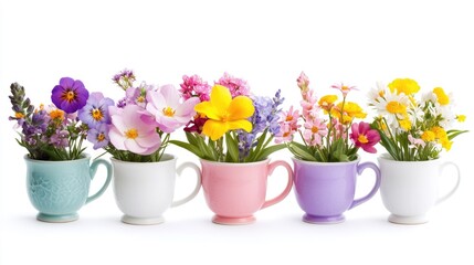Aufkleber - Colorful spring flowers arranged in vibrant cups displayed against a clean white background for a refreshing seasonal aesthetic.