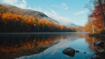 Poster - Serene autumn landscape reflecting vibrant foliage in a tranquil national park lake under a clear blue sky