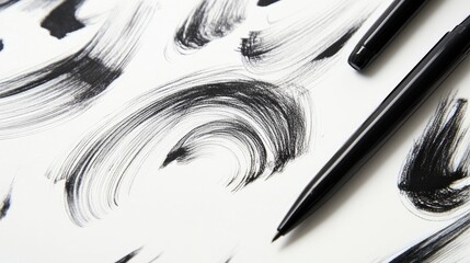 Poster - Abstract black ink brush strokes with felt tip pens on white paper artistic backdrop for creative designs and backgrounds