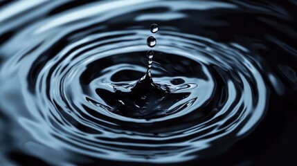 Poster - Close up of a single water droplet creating ripples on a smooth dark surface with reflections and intricate patterns in the water