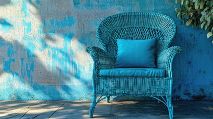 Poster - Vibrant blue wicker armchair accentuated by colorful wall texture and natural greenery creating a stylish relaxation corner