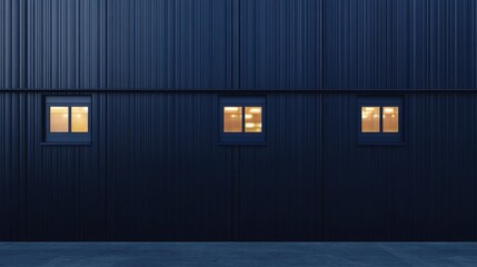 Poster - Modern architectural facade with geometric patterns featuring navy blue exterior and illuminated windows for a minimalistic aesthetic.