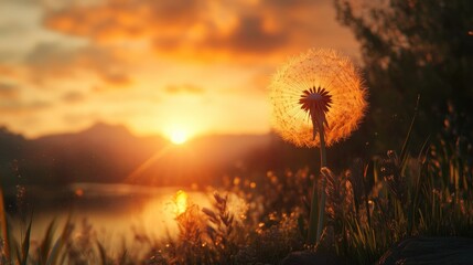 Aufkleber - Dandelion flower glowing in the warm light of a sunset over a serene landscape with soft clouds and reflections on water