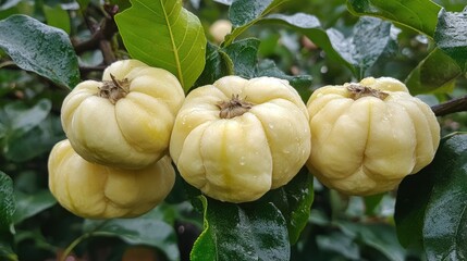Aufkleber - Ripe quinces hanging on a tree in an organic garden showcasing vibrant green foliage and autumn hues with harvest concept elements