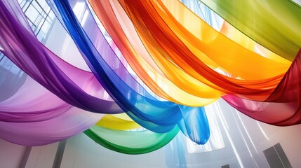 Poster - Colorful translucent ribbons creating a vibrant rainbow effect under a ceiling in a bright airy space.
