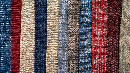 Poster - Colorful upholstery fabric samples in various textures showcasing a vibrant multicolor background for interior design inspiration