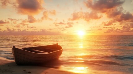 Aufkleber - Serene sunset over tranquil sea with a lone boat on the beach during golden hour creating a picturesque coastal scene.