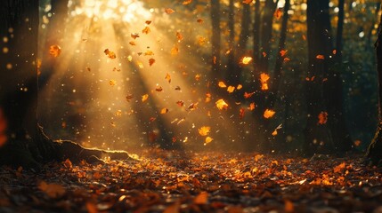 Aufkleber - Golden maple leaves cascading on an autumn forest floor with warm sunlight illuminating vibrant colors in a serene natural landscape