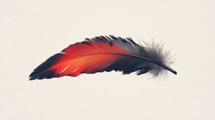 Aufkleber - Colorful bird feather with vivid red and black hues isolated on neutral background showcasing nature's intricate design and texture.