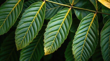 Aufkleber - Lush green leaves close-up showcasing intricate textures and natural beauty in a serene tropical forest environment.