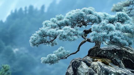 Aufkleber - Serene blue pine tree perched on rocky cliff with misty mountains in background showcasing nature's tranquility and beauty.