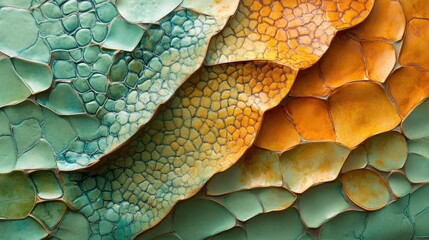 Poster - Colorful textured ceramic wall design with intricate repetitive patterns and a blend of green, orange, and yellow shades.