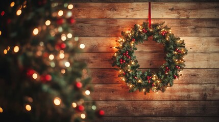 Poster - Cozy Scandinavian hygge home decor featuring a Christmas wreath and warm glowing lights on a wooden wall for festive holiday atmosphere