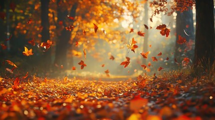 Poster - Vibrant autumn foliage creating a picturesque forest floor with falling leaves and a warm sunny ambiance