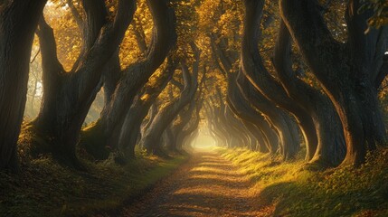Aufkleber - Autumn morning light illuminating a tranquil path through a platan tree-lined alley in North Moravia Czech Republic