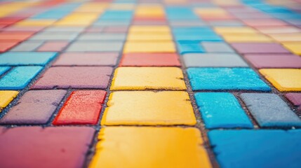 Aufkleber - Colorful blurred texture of patterned brick flooring in vibrant hues of blue, yellow, red, and purple for artistic backgrounds and designs