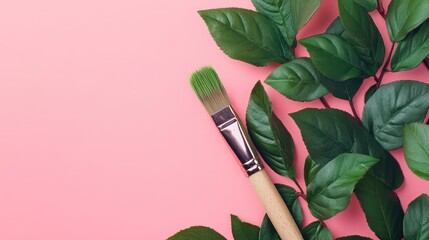 Poster - Colorful paintbrush creating green leaves on pink background representing spring and summer in a flat lay arrangement with copy space.