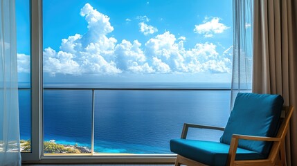 Aufkleber - Tranquil hotel balcony with stunning sea and skyline view from an inviting chair overlooking the serene ocean and vibrant clouds.