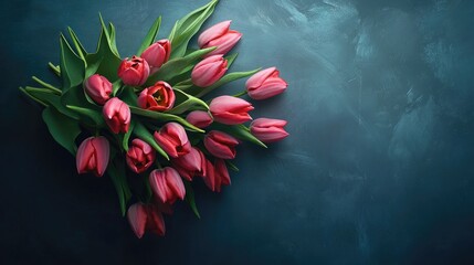 Aufkleber - Elegant top view of a vibrant bouquet of tulip flowers against a dark textured background showcasing their beauty and freshness.