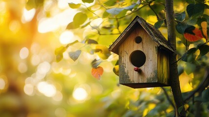 Aufkleber - Birdhouse hanging on a tree surrounded by blurred green leaves and sunlight filtering through the forest creating a serene nature scene