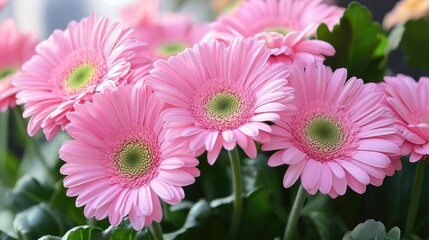 Poster - Vibrant pink gerbera daisies blooming in a lush home garden setting showcasing natural beauty and tranquility.