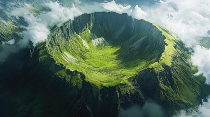 Poster - Aerial view of a lush green mountain crater surrounded by a vast valley and dramatic cloud formations in a breathtaking landscape scene