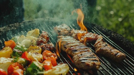 Poster - Grilled assorted meats and colorful vegetables cooking over flames on a barbecue grill in a lush green outdoor setting