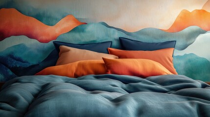 Aufkleber - Cozy bed with colorful sheets and pillows against a serene abstract mountain mural in a modern bedroom setting