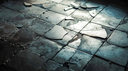 Aufkleber - Shattered ceramic tiles scattered on a textured cement floor illuminated by gentle light rays