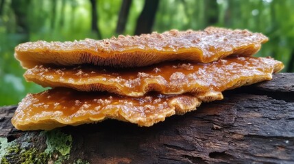 Aufkleber - Brown fungus clusters on a damp tree trunk in a lush green forest environment showcasing nature's intricate details.