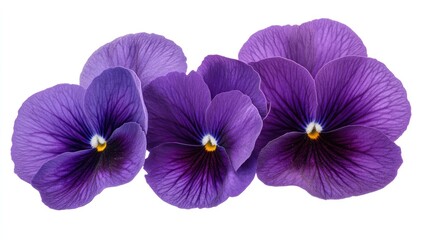 Poster - Vibrant violet pansy flowers gracefully arranged on a pristine white background for botanical and floral designs