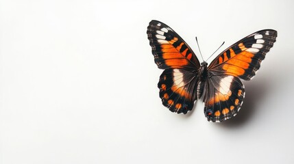 Aufkleber - Colorful butterfly perched gracefully against a minimalist white background showcasing its intricate wing patterns and vibrant colors.